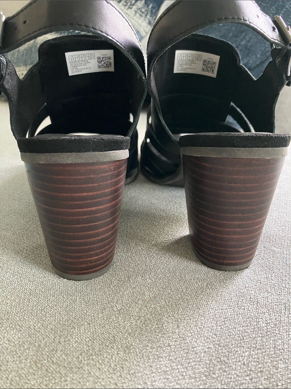 TOMS Black Suede Strappy Block Heel Sandals with Stacked Wood Heel - Picture 7 of 9